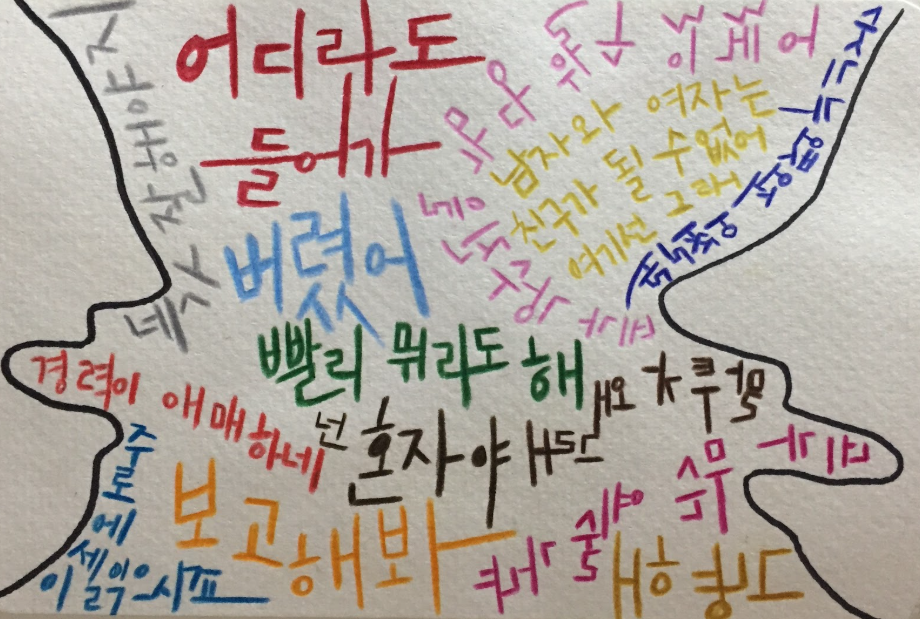 © 차화진, 2018. 2018년 11월 12일, 그리고 쓰다. 2018년 11월 5일부터 11월 11일동안 내 안 구덩이에 있는 말을 꺼내는 작업을 했다. 고통스럽지만 마주해야 할 일이었고, 막상 대하고 보니 그동안 나는 남의 말로 스스로를 상처내고 있었다는 것을 깨달았다. 남이 한 말로 나를 정의하고, 답한 시간을 두드려 깨뜨려야 내 안의 내가 드러날 것 같았다.&nbsp;