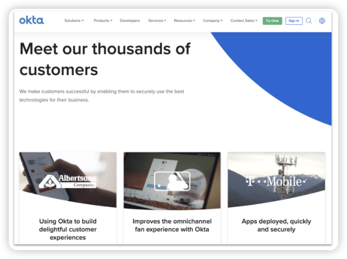 Okta가 고객 페이지에서 그랬듯이, 페이지 상단에 가장 잘 알려진 고객을 강조하세요.