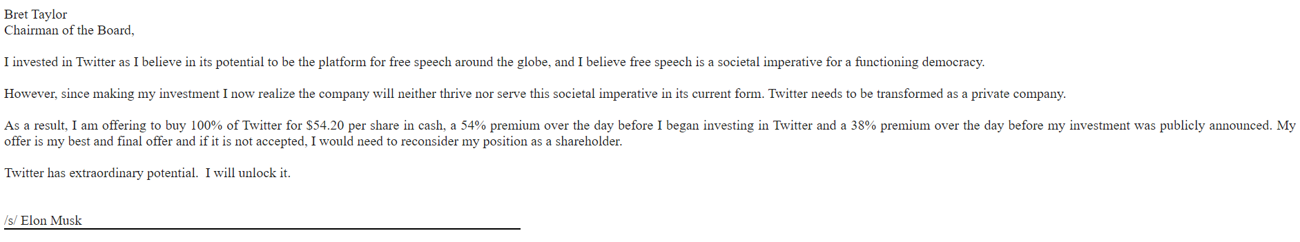 2022년 4월에 일론 머스크가 트위터 이사회장에게 보낸 인수 의향 통지
