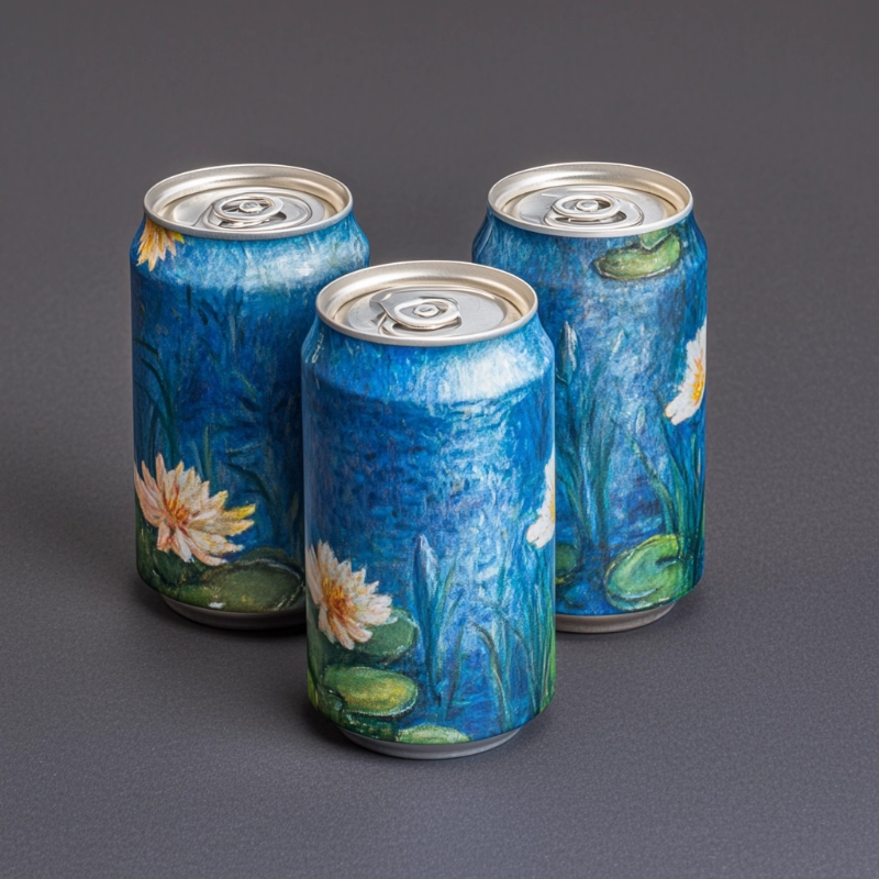 photo of beer can, color inspired by claude monet water lilly pond --chaos 5 --stylize 50