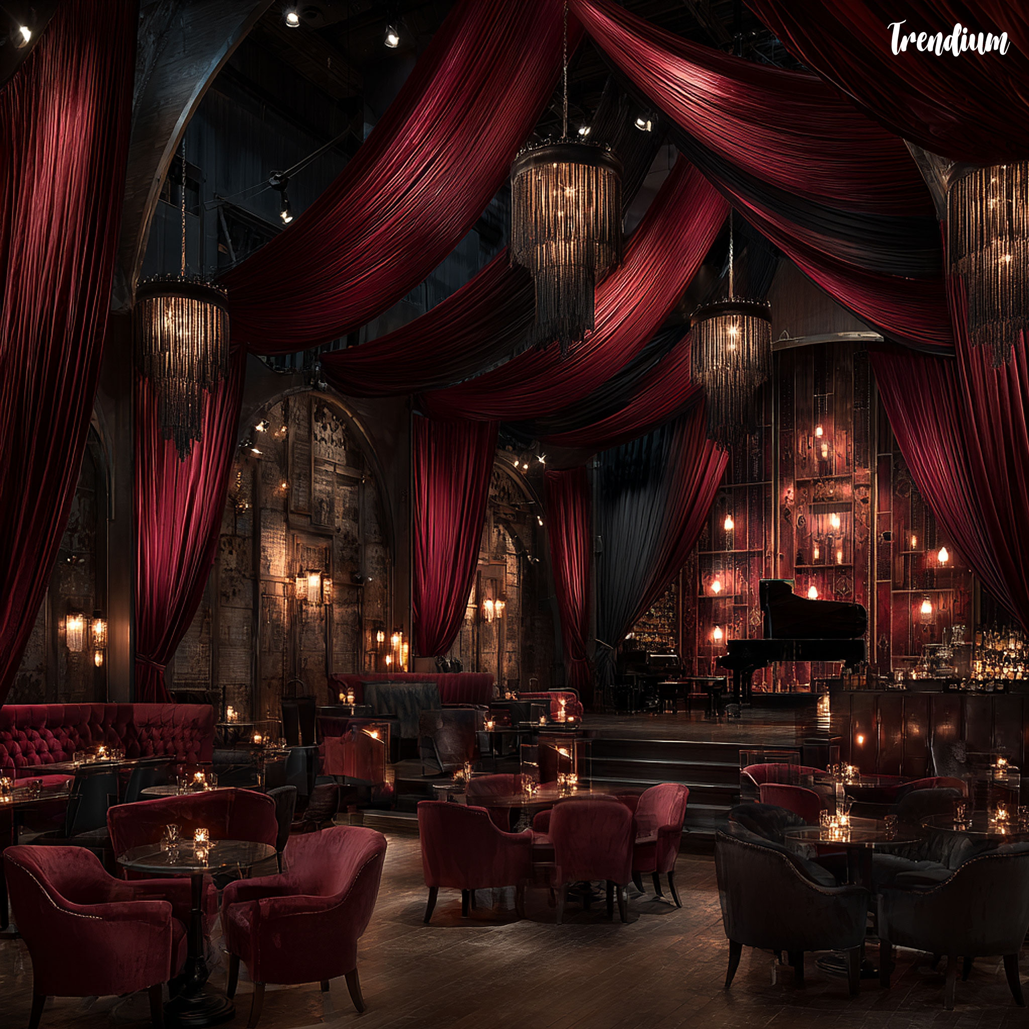 [prompt] event space styled in flapper-era theme, jazz club ambiance, velvet drapes, cocktail tables, fringe chandeliers, gold accents, ambient lighting --v 7 --stylize 700