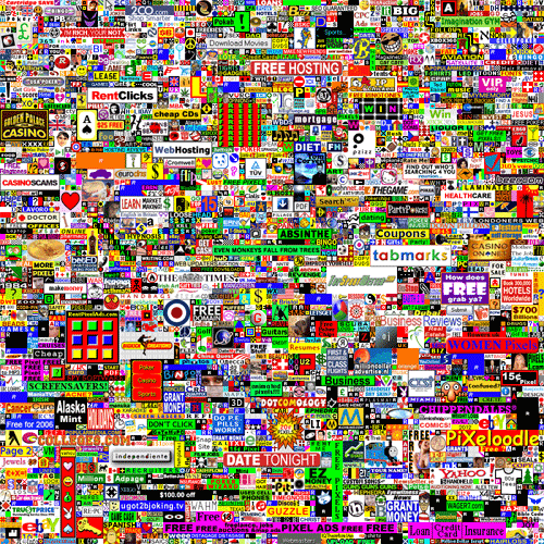 2005년 알렉스가 만든 웹사이트 Million Dollar Homepage. 현재도&nbsp;www.milliondollarhomepage.com&nbsp;에서 그 모습을 확인할 수 있다.(출처:&nbsp;https://wikipedia.org/wiki/The_Million_Dollar_Homepage)