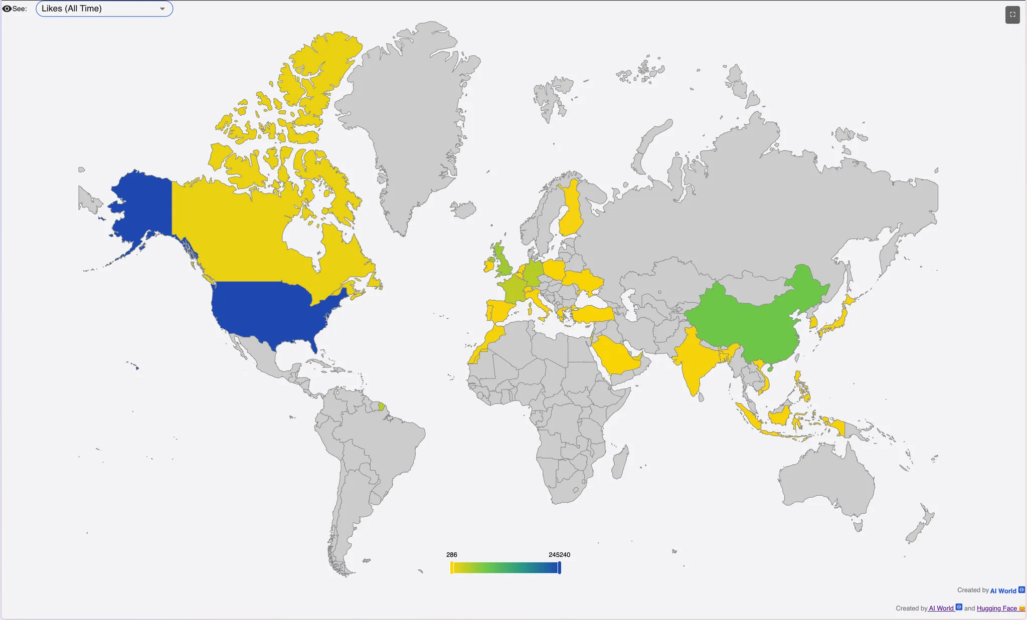 전 세계 톱 500 AI 모델 개발 국가, 파란색 부분이 미국으로 1위, 초록색이 중국으로 2위이다. 출처 : https://huggingface-open-source-ai-year-in-review-2024.static.hf.space/index.html?day=2