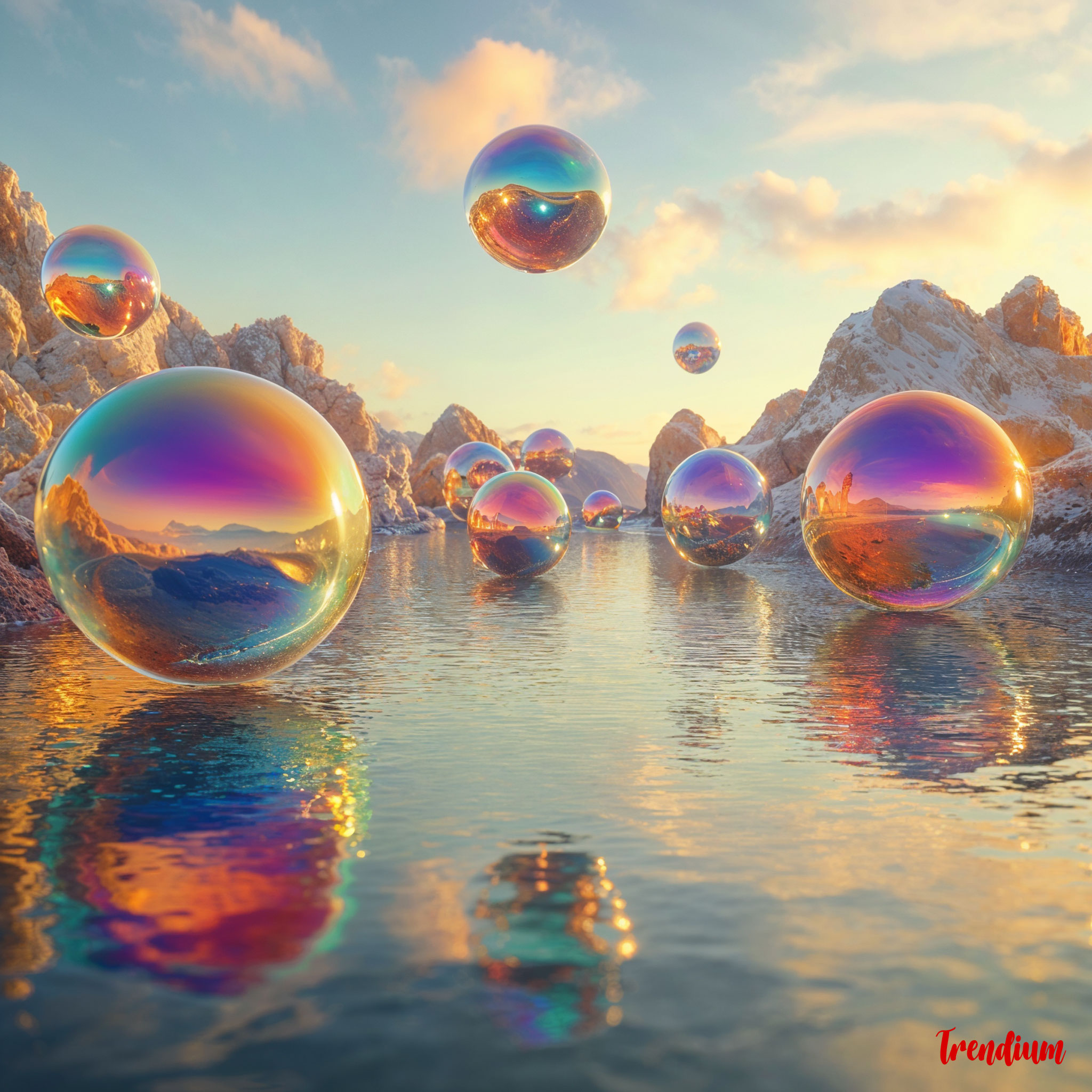 [prompt] Surreal landscape with floating amorphous blobs reflecting rainbow colors, octane render