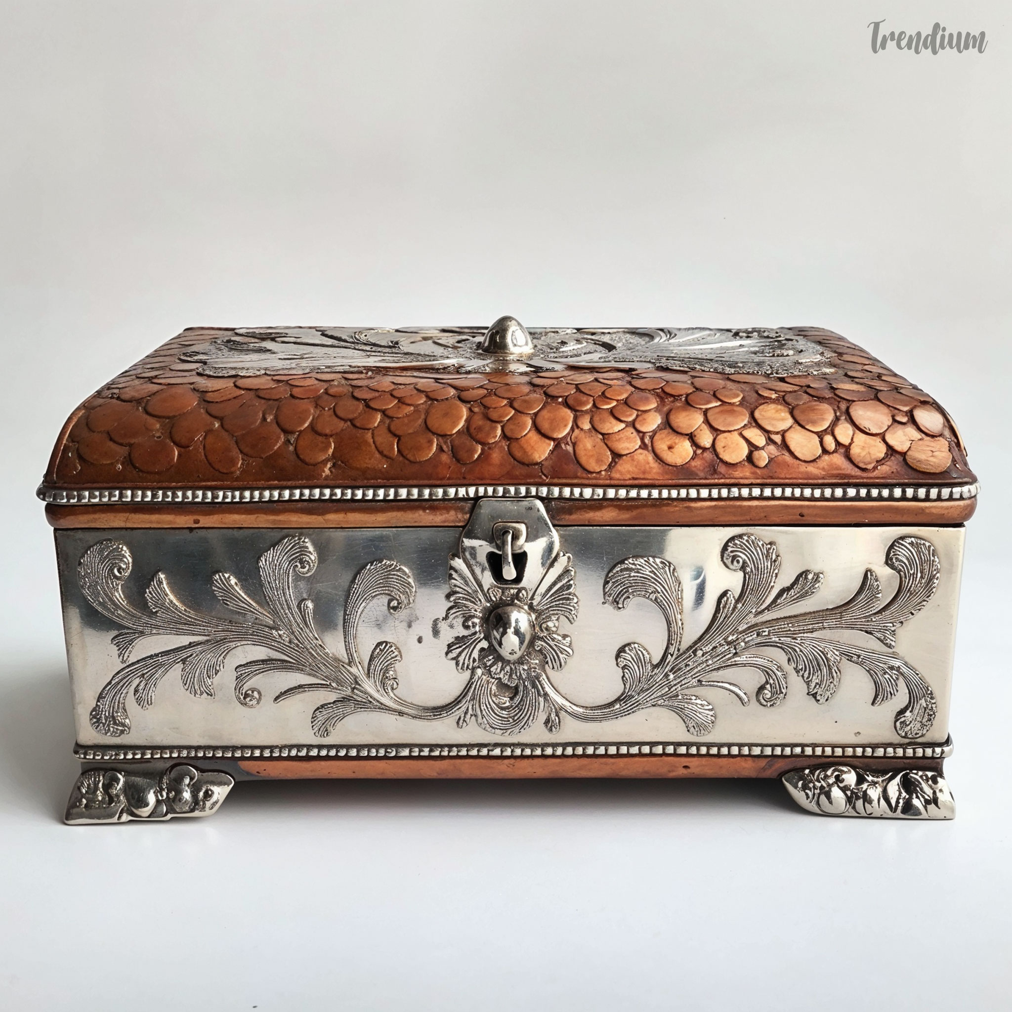 [prompt] Vintage British jewelry box made of hammered copper and silver, asymmetrical decoration, natural motifs, handcraft detailing, inspired by Ashbee's style