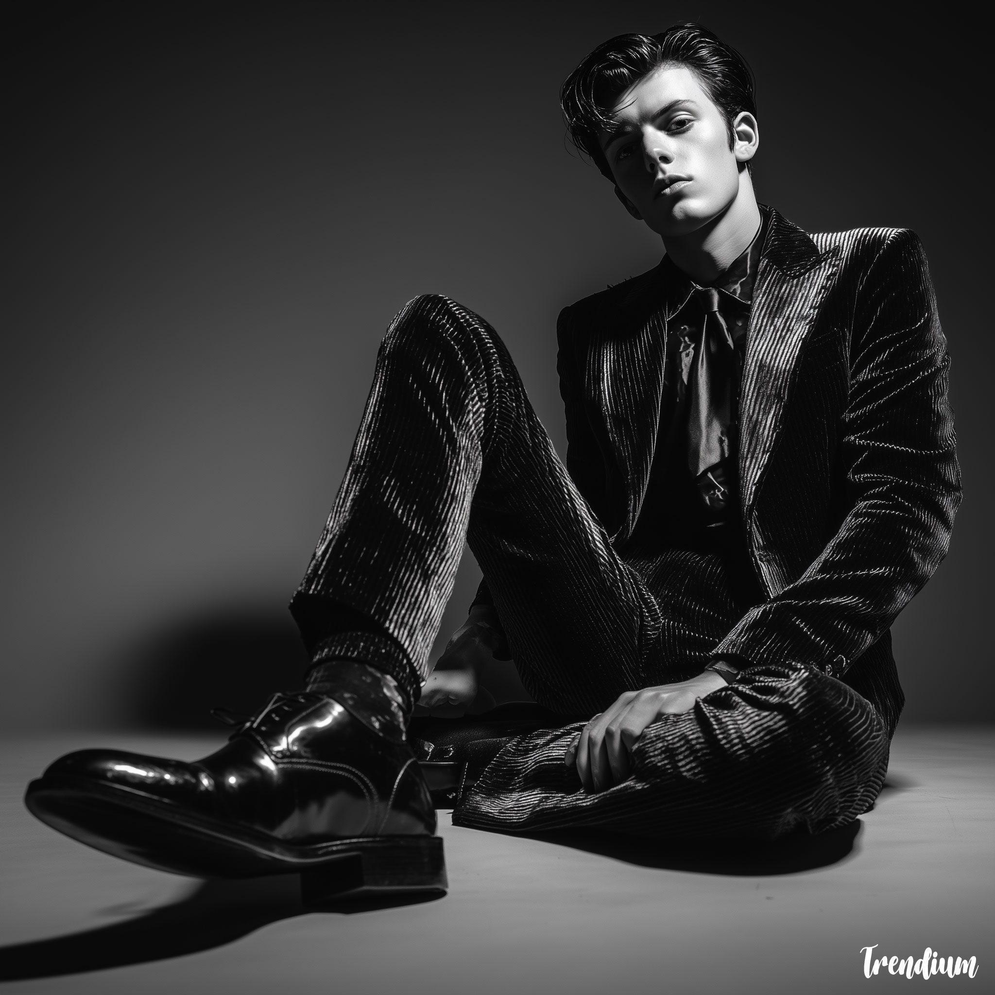 [prompt] A high fashion photoshoot inspired by Teddy Boy style, male model in slim velvet suit with sharp shoulders, high-gloss brogues, glossy black background, dramatic spotlight, monochrome palette, shot in indoor studio set like a Saint Laurent campaign --v 7