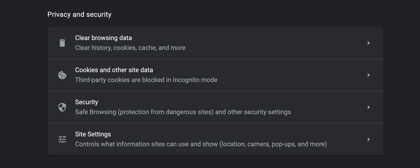 크롬 Settings의 Privacy and Security