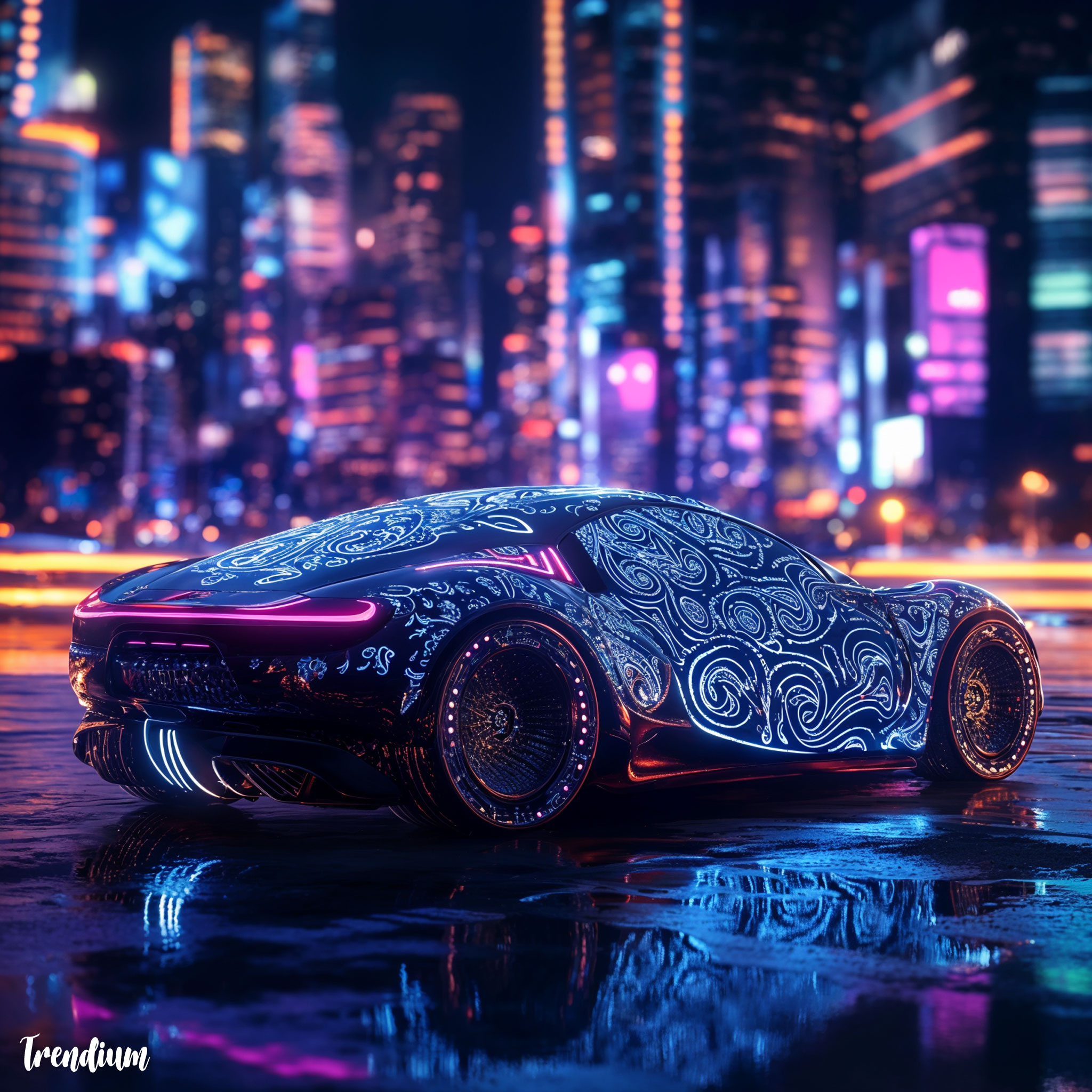 [prompt] futuristic car design: a sleek, aerodynamic car with a holographic paisley pattern projected onto its surface, neon city background