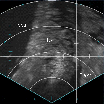 비행시험으로 획득한 RBGM 영상. 거리 범위 80NM, 방위각 범위 ±60°.