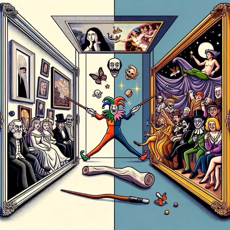 Vector Art: A split scene with famous artworks on one side and their parodied versions on the other. The transition between the two sides is marked by a jester&#39;s wand, emphasizing the magical transformation brought about by parody.