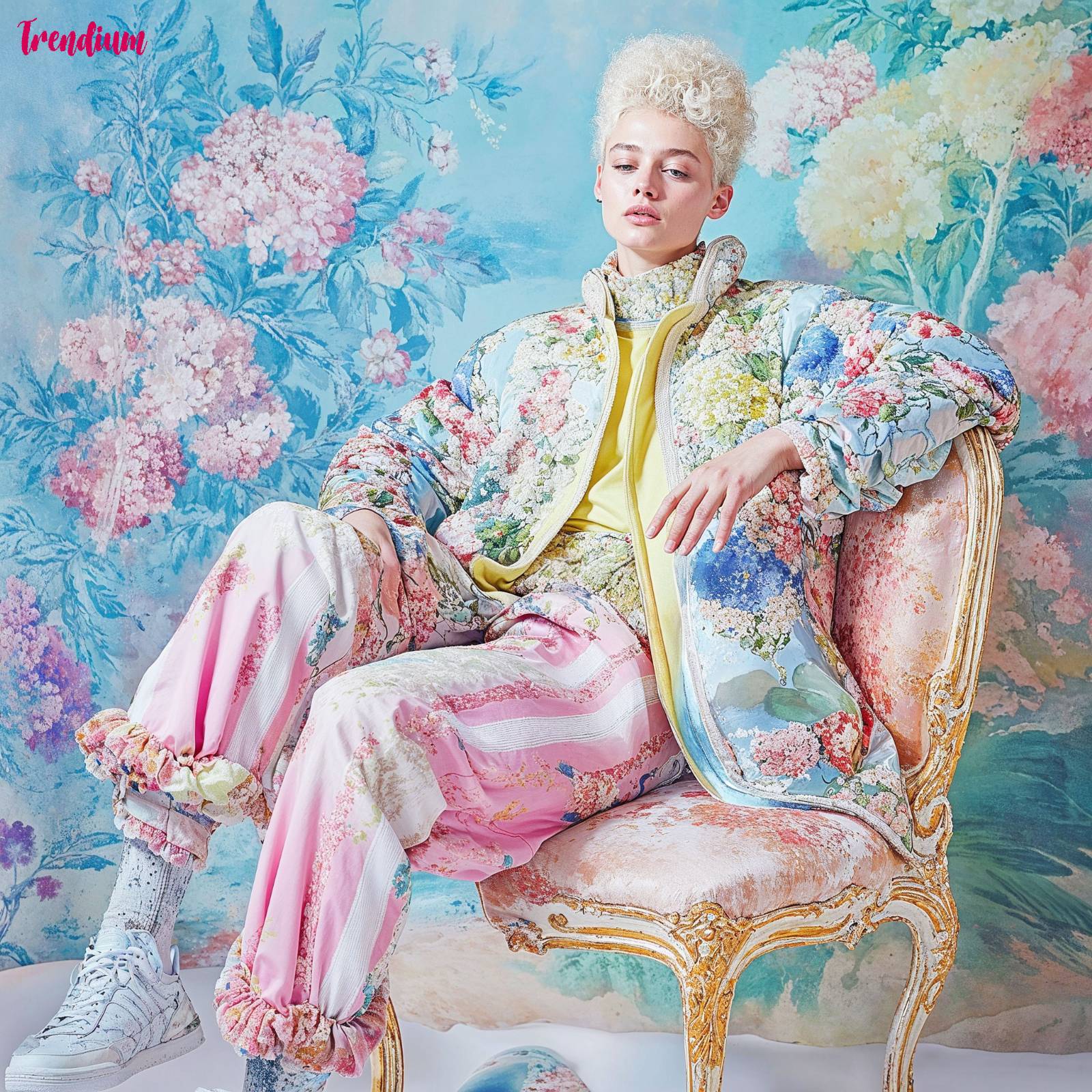 [prompt] Images of Marie Antoinette in a jacket and pants designed in Rococo style patterns, Adidas brand, pastel-toned bright colors, sportswear fashion pictorials, Hyper Reality