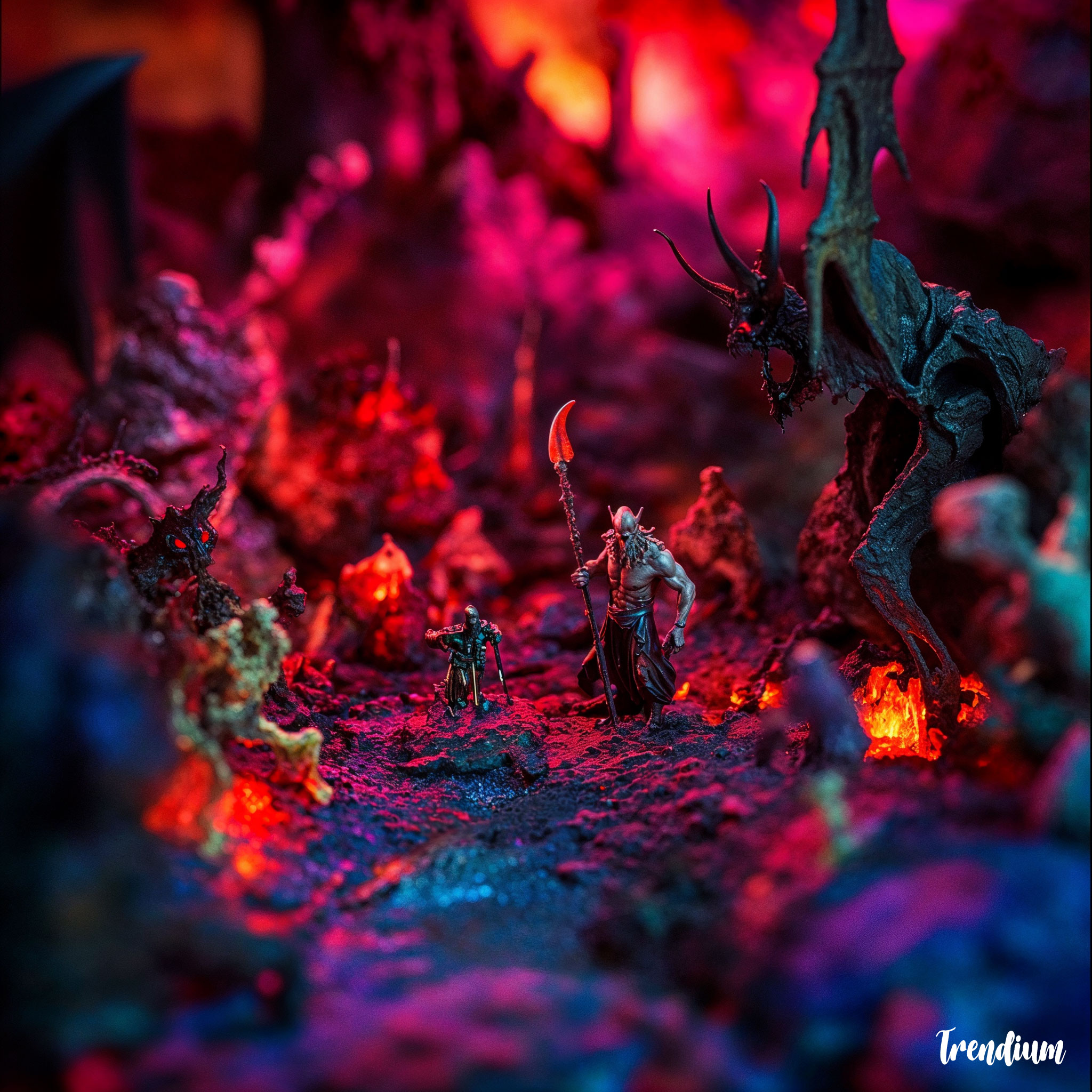 [prompt] Tilt-shift photography of a miniature hellscape, tiny Satan and demons, toy-like inferno, diorama of the underworld, highly detailed, vibrant colors, dramatic lighting, 8k resolution
