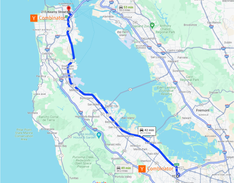 기존 YC 사무실과 신규 SF의 YC 사무실 - 교통 체증이 없으면 차로 42분 소요되는 거리 (약 40마일)