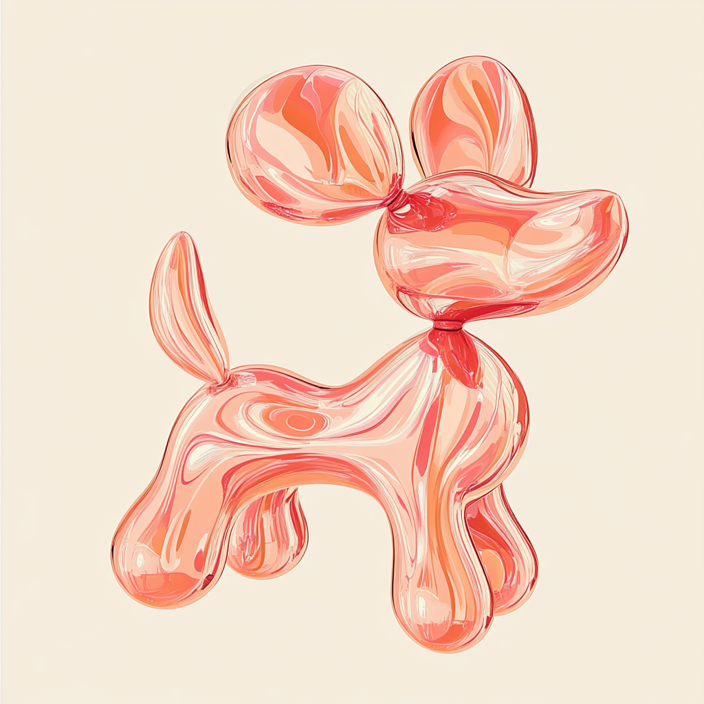 prompt : llustration, pink balloon dog made of vector pattern of ferrofluid with rippling abstract design, vector, lines, organic, color pink and peach Fuzz, plain preppy creame background