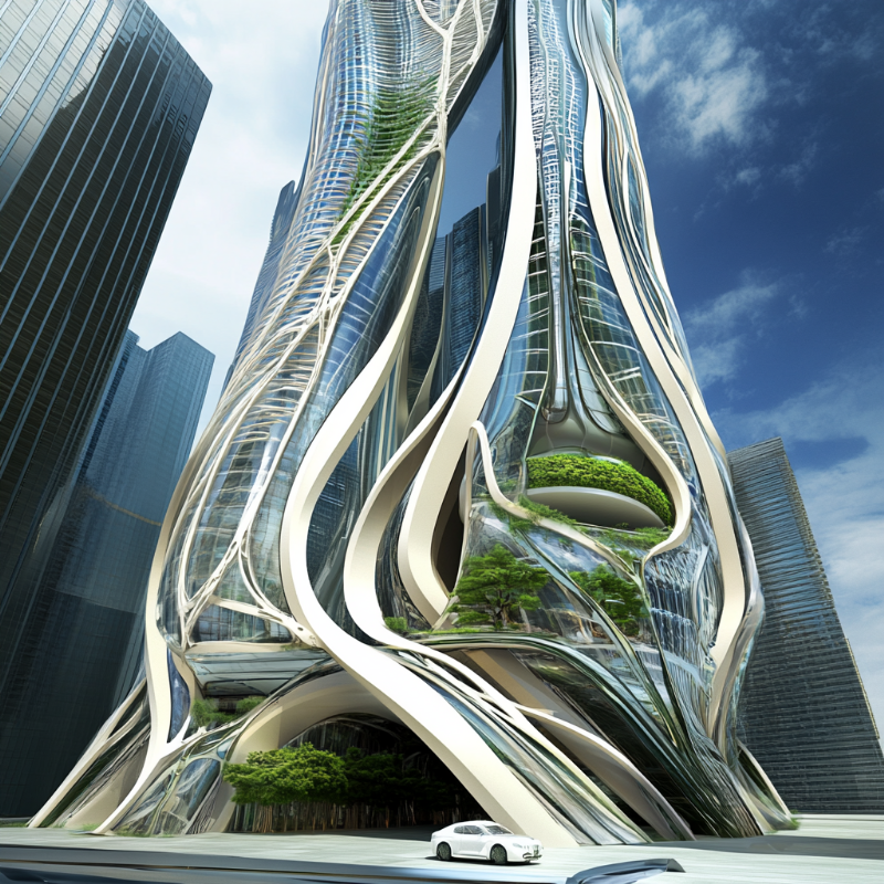 [prompt] Futuristic skyscraper that has been influenced by Hector Guimard's Art Nouveau architecture, which features flowing organic curves, intricate iron structures that resemble vines, and large, arched windows. The exterior is decorated with nature-inspired motifs such as flowers and leaves, combined with modern materials such as glass and metal. The building combines futuristic design and elegance to integrate natural forms and cutting-edge technology, and is set in a vibrant, shiny urban skyline.