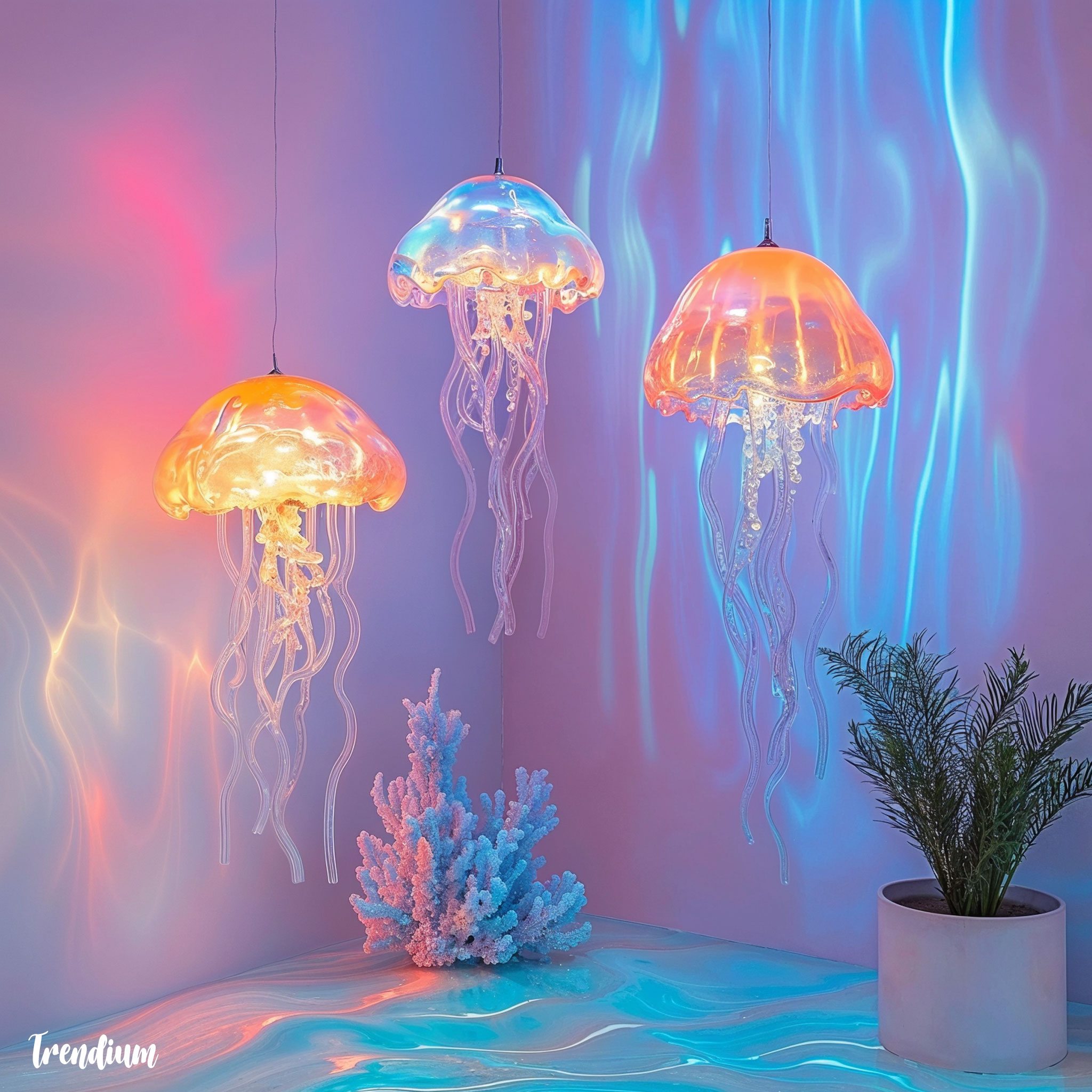 [prompt] DIY seapunk decor items, digital-looking ocean mobiles, chrome jellyfish lamp, pixel coral wall art, pastel wave ceramics, vaporwave influence