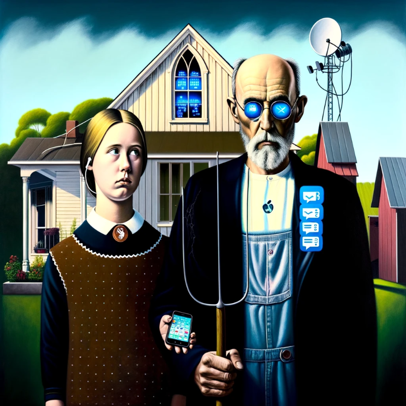 Modern reinterpretation of American Gothic. The stoic farmer and his daughter stand in front of their house. Instead of a pitchfork, the farmer clutches a smartphone with numerous notifications. The daughter is engrossed with headphones. The Gothic house now features a satellite dish and cables, with windows glowing blue from screens inside.