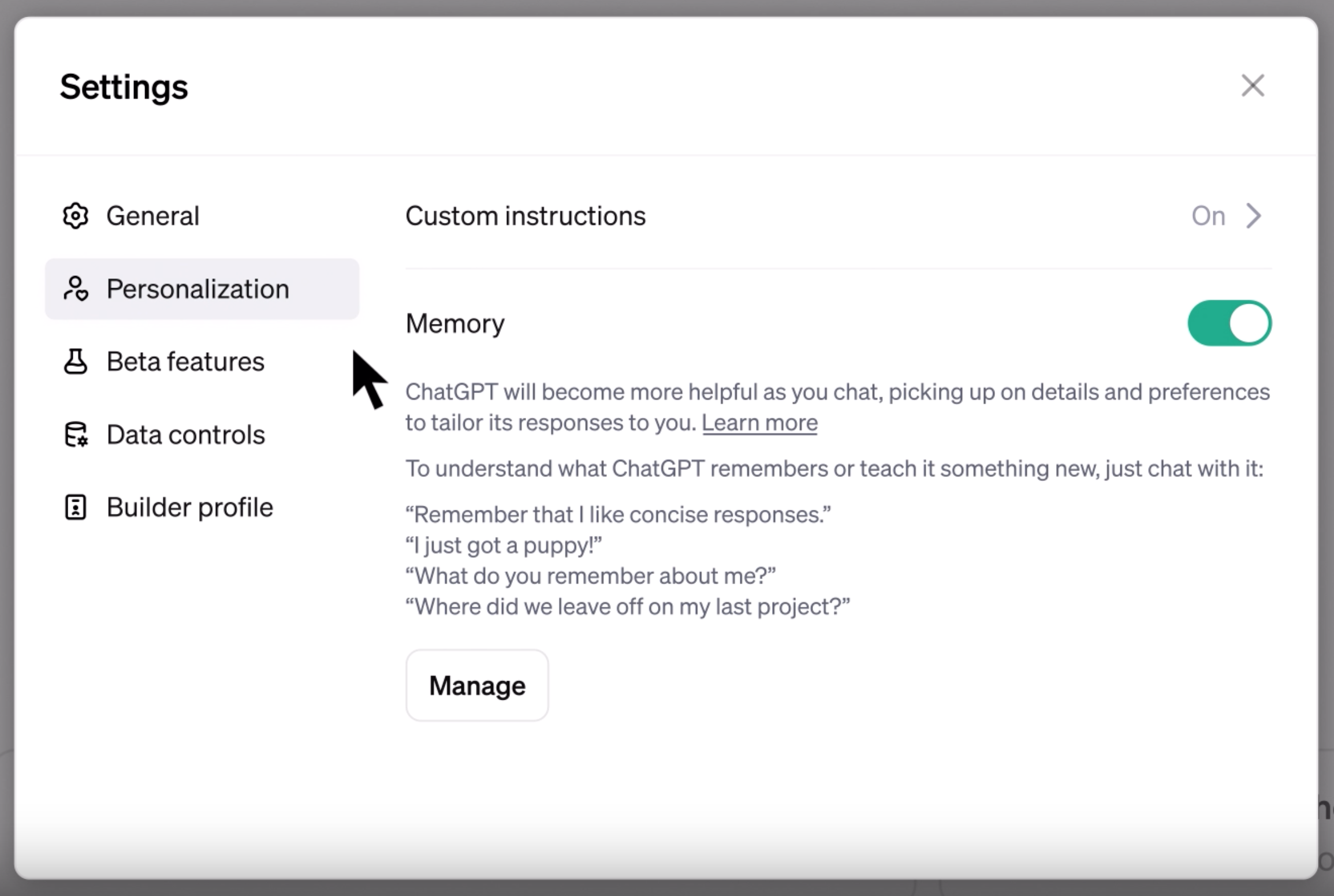 개인화 메뉴에서 Memory기능을 설정할 수 있습니다