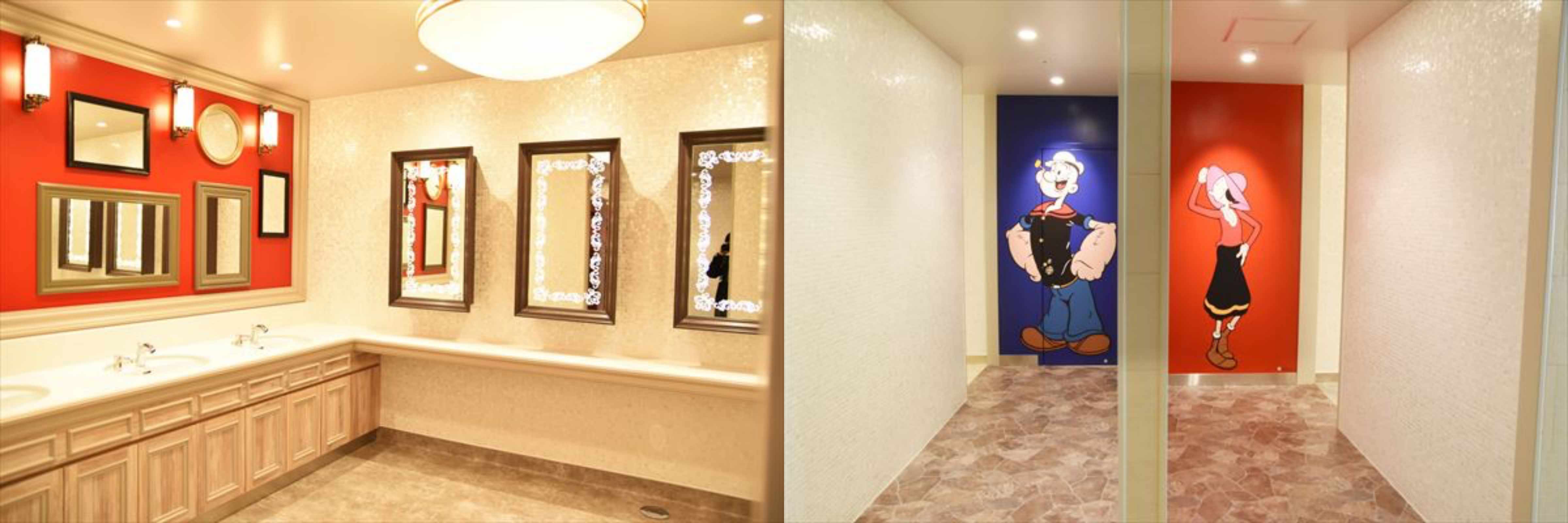 웬 뽀빠이와 올리브인가 싶은데, 각각 남자 여자 화장실을 가리켜요(左). 여성 화장실의 파우더룸.