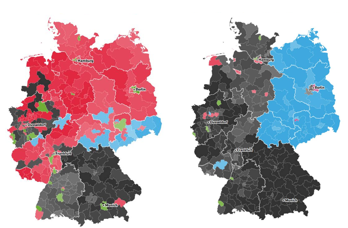 <그림> 2021년 독일 연방의회 선거결과(좌) 및 2025년 독일 연방의회 선거결과(우) 비교. 붉은색이 사회민주당, 검은색이 기민련/기사련, 하늘색이 독일을 위한 대안, 초록색이 녹색당