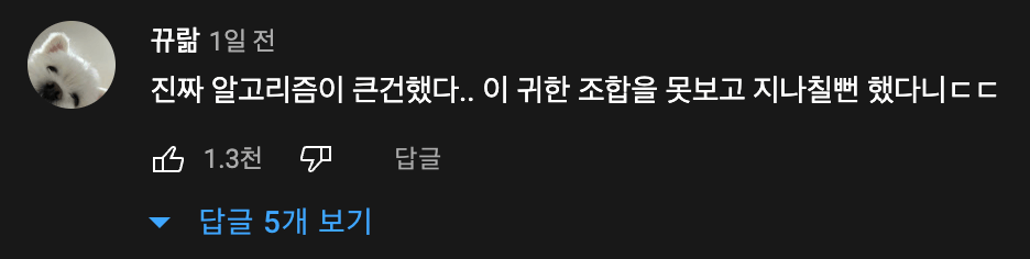 알고리즘에 고마워하는 댓글이 유독 많았다 ⓒAOMGOFFICIAL