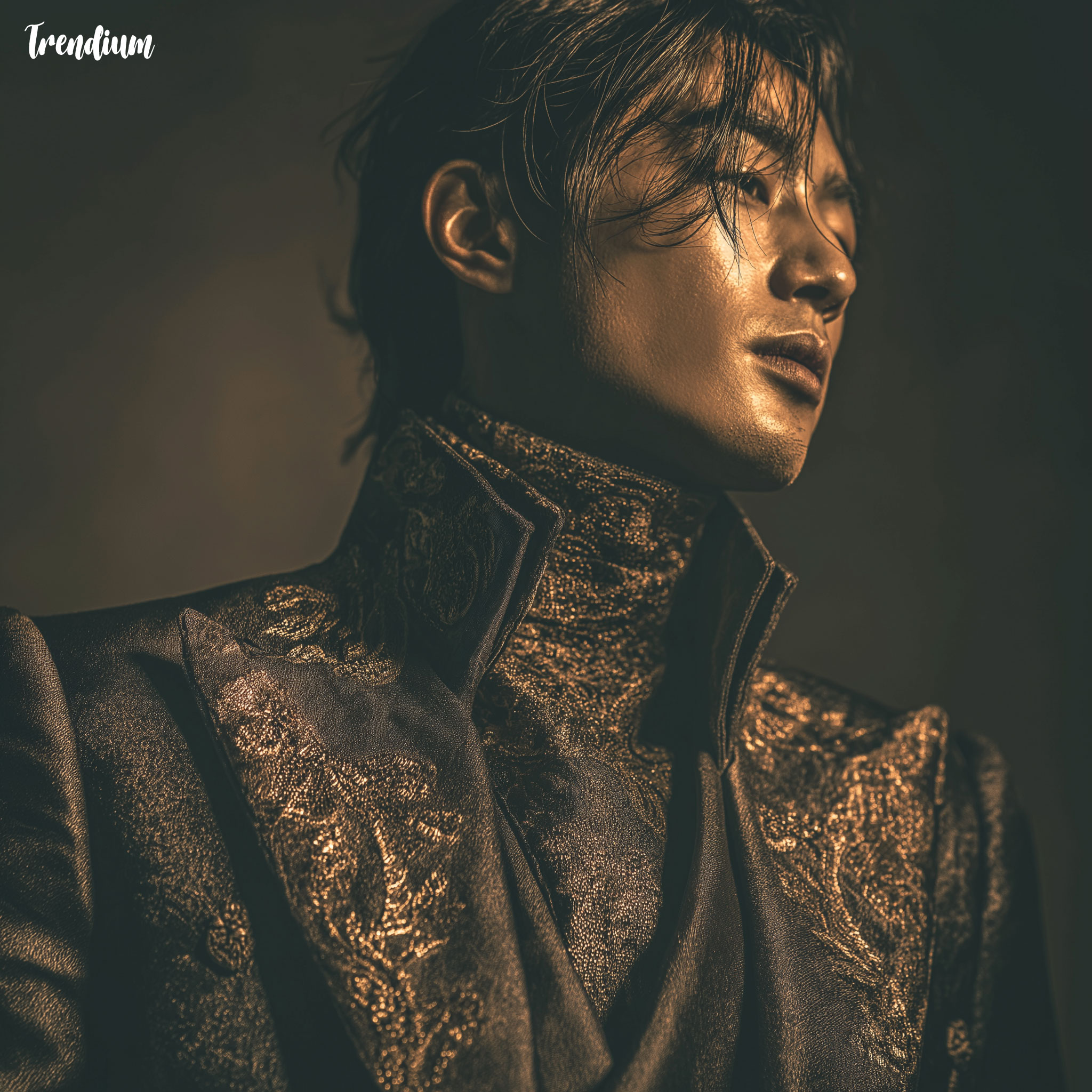 [prompt] conceptual fashion photo, Korean actor styled as elite academy student, long tailored coat with gold embroidery, dramatic chiaroscuro lighting, fantasy drama mood --stylize 200 --v 7