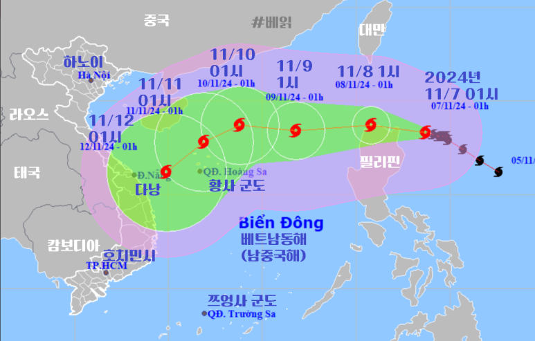 태풍 '인싱'의 위치와 이동방향 예보