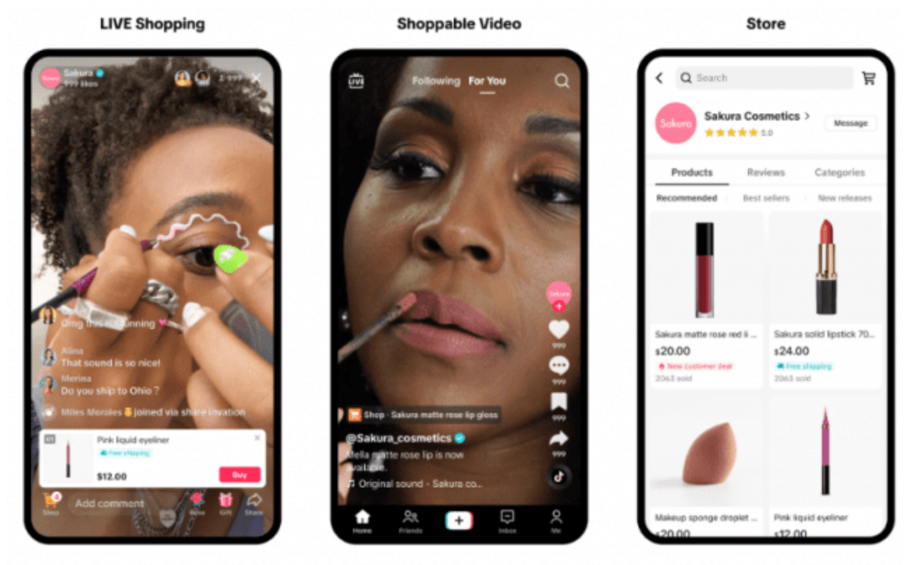 틱톡샵에서 제공하는 세 가지 기능 (왼쪽부터 라이브 쇼핑, 쇼퍼블 비디오, 스토어)<br>*출처: 트렌드 M