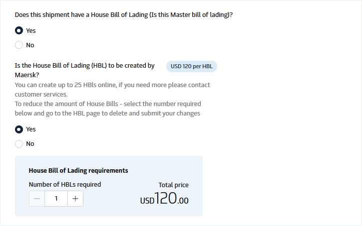 예시: 1 Master BL에 HBL이 1건 있고, 머스크에 HBL 신고 대행 요청하는 경우 