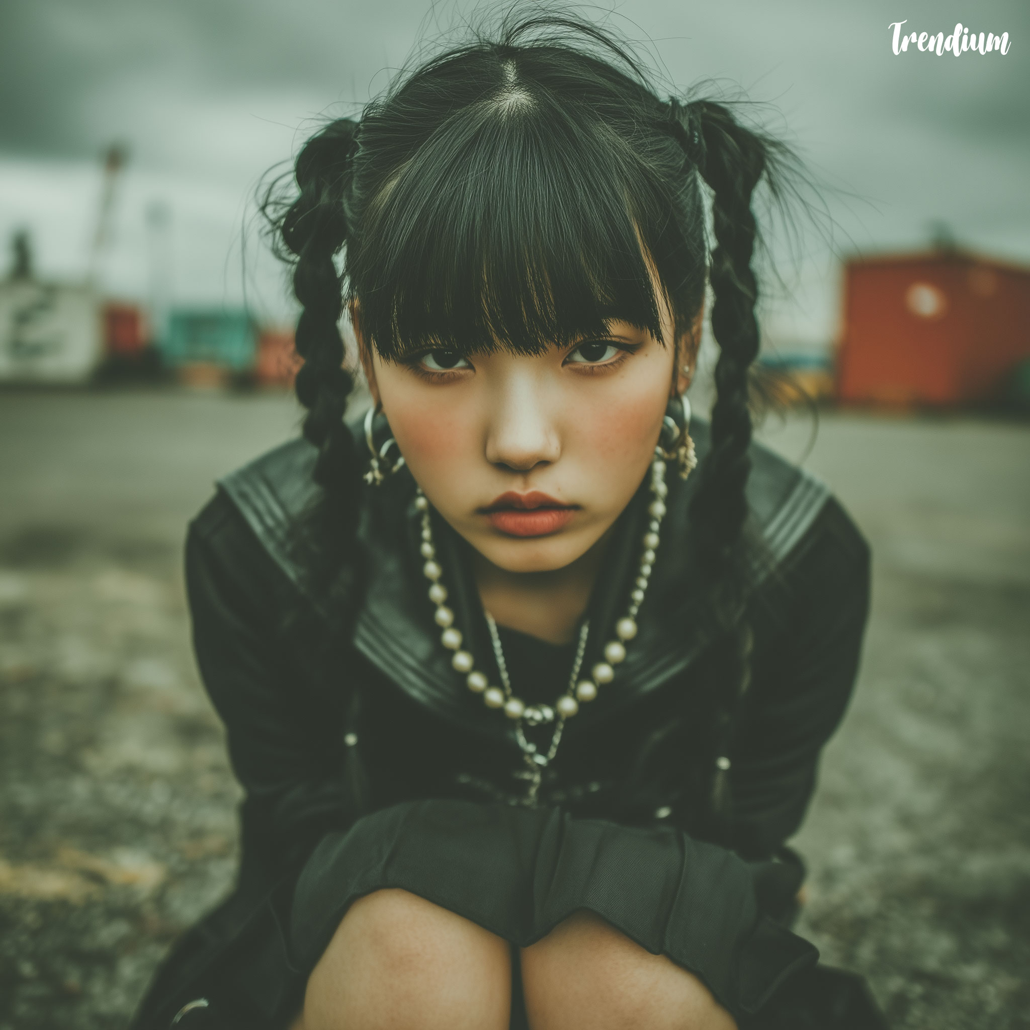 [prompt] punk-inspired school uniform fashion shoot, Japanese sukeban style, long skirt, leather jacket over sailor blouse, heavy eyeliner, retro street background --v 7 --stylize 600