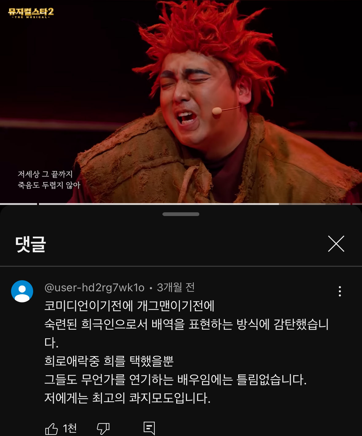 저 댓글에 무척 공감했어요. 코미디언은 희로애락 중 희를 선택한 훌륭한 배우.