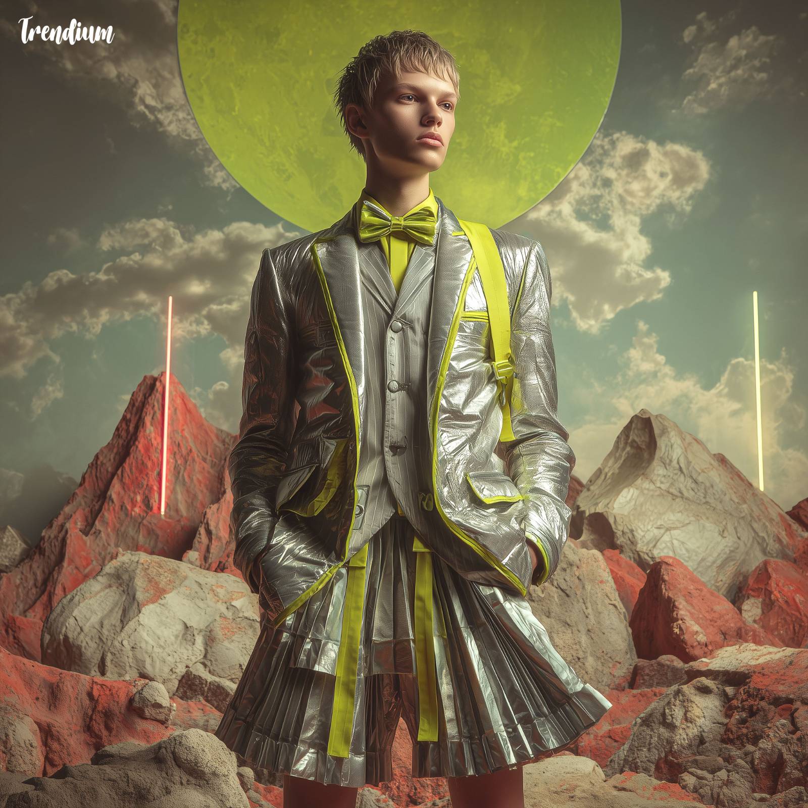 [prompt] concept fashion pictorial, sci-fi inspired boy school uniform with metallic pleats, structured blazer, neon accents, surreal runway backdrop, 50mm lens --style raw --v 7 --stylize 200