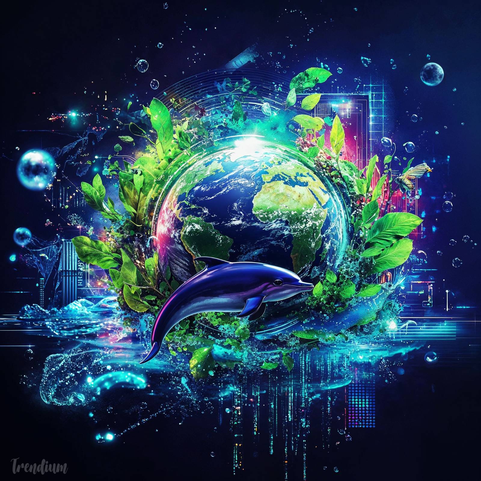 [prompt] Create a digital scene in the Frutiger Aero style, inspired by the early 2000s tech aesthetic. Feature a glossy Earth globe with vibrant, high-saturation colors surrounded by dynamic water splashes and bright, neon-green foliage. Add a sleek, reflective dolphin leaping near the globe, blending into the scene with smooth, fluid motion. Surround the scene with subtle technical patterns, like transparent circuit lines, holographic grids, and faint digital textures, enhancing the futuristic atmosphere. Include floating bubbles, bright lens flares, and a reflective screen or device, capturing the optimistic and high-gloss look of early 2000s digital visuals.