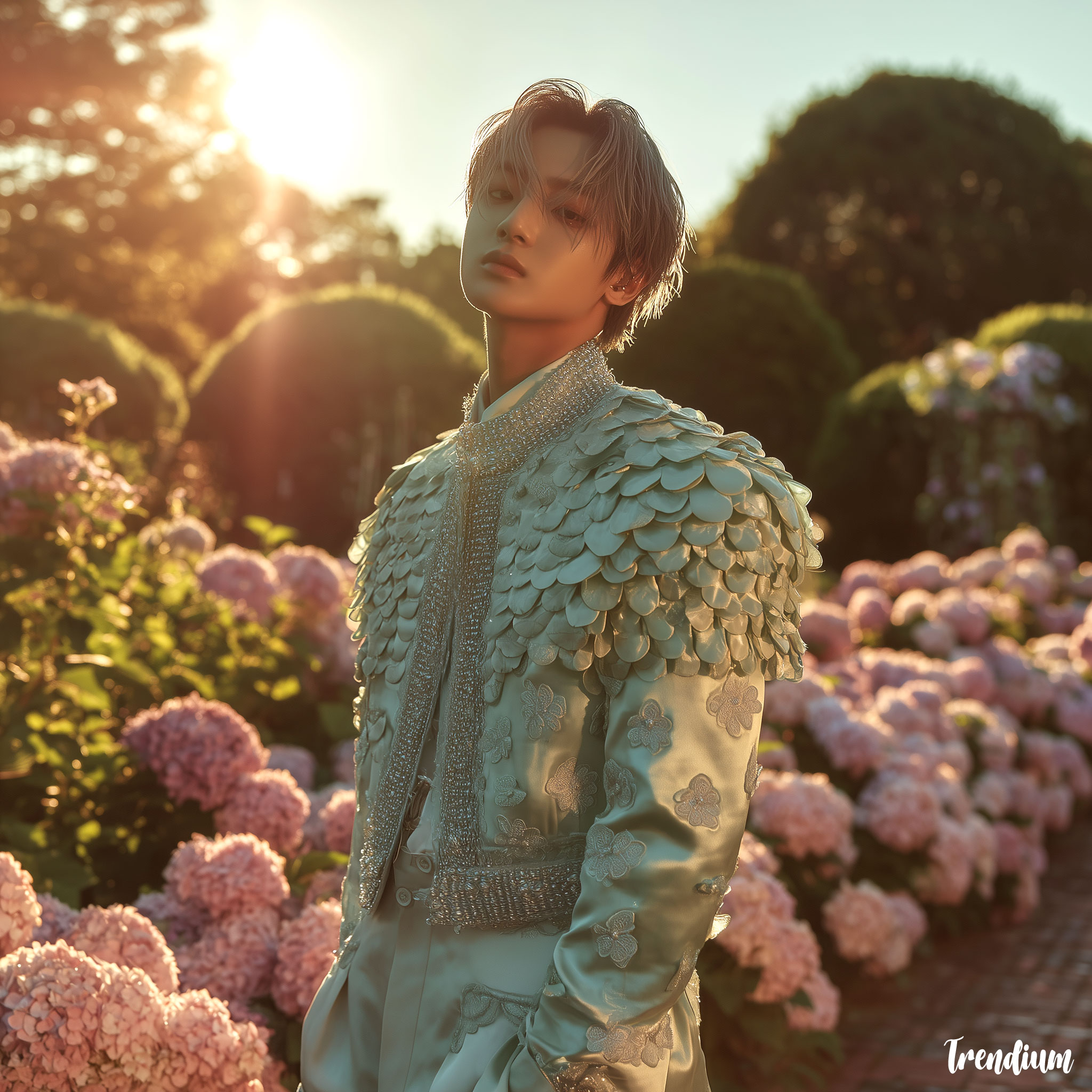 [prompt] A kpop male Idol styled in mint silk performance jacket with subtle hydrangea embroidery resembling armor scales, standing in garden of blooming flowers, Harper’s Bazaar editorial, Nikon Z7 II, 85mm lens, dreamy backlit light --style raw --v 7 --stylize 200