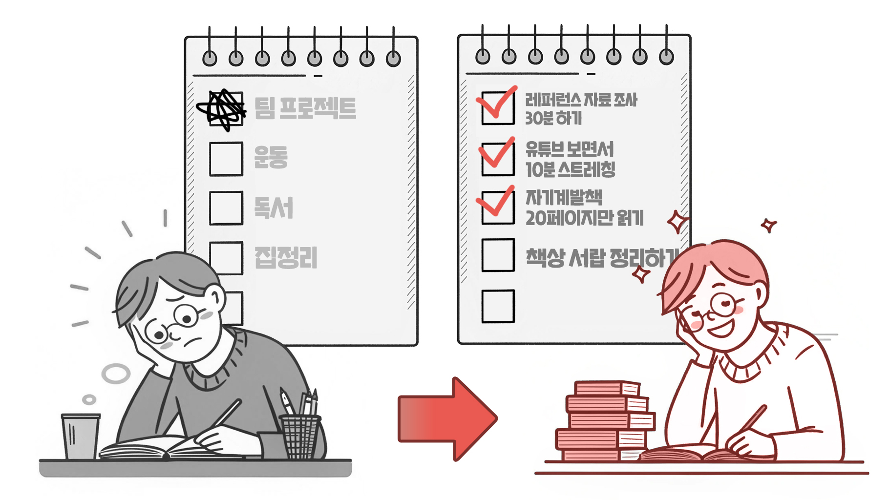 내용을 구체적으로 적으면 보기만 해도 막막한 리스트 대신, 실행하는 맛이 나는 체크리스트를 얻게 될 거에요. (제작: 넛쥐+recraft.ai)