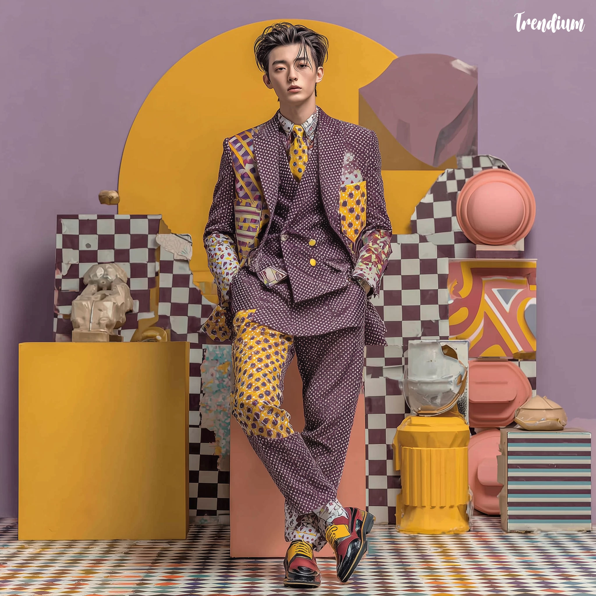 [prompt] A Korean male model wearing a Teddy Boy-inspired velvet suit with playful Memphis patterns bold zigzags, polka dots, and colorful geometric patches standing in a pastel-toned postmodern set with abstract shapes, checkerboard floor, and toy-like props, DA-style hair, quirky pose, high-fashion meets graphic art aesthetic --v 7 --stylize 500