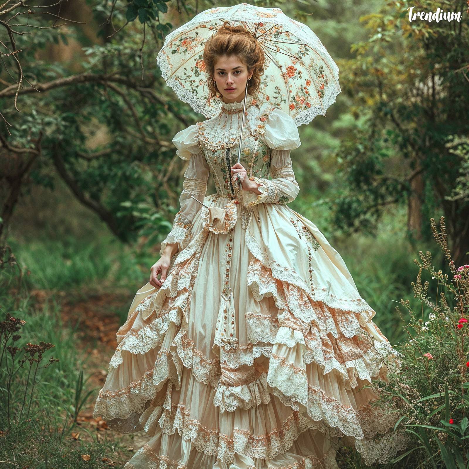 UHQ full-body photo of a Victorian lady in a day dress, standing in a garden. The dress has a tight bodice, wide sleeves, and a full skirt supported by a crinoline. Soft pastel colors and intricate lace details. She holds a parasol and wears a small hat. Photorealistic style, soft lighting. Fashion magazine pictorial style. This artwork conveys romantic emotion and love.