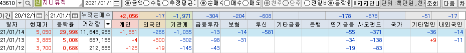 지니뮤직 종목별 투자자 매매동향 - 개인만 매수한 상황