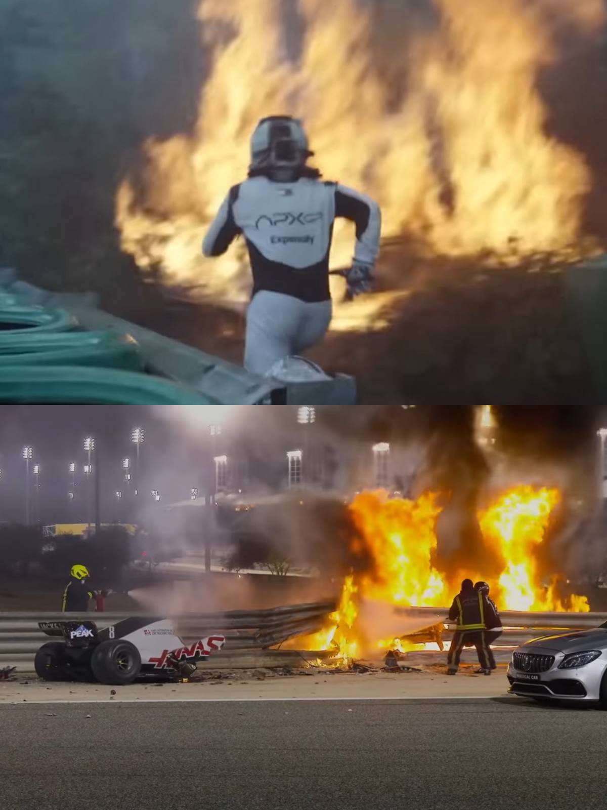 상단부터 <F1 더 무비>의 한 장면 © WBEI , 로망 그로장의 실제 사고 장면 © NETFLIX