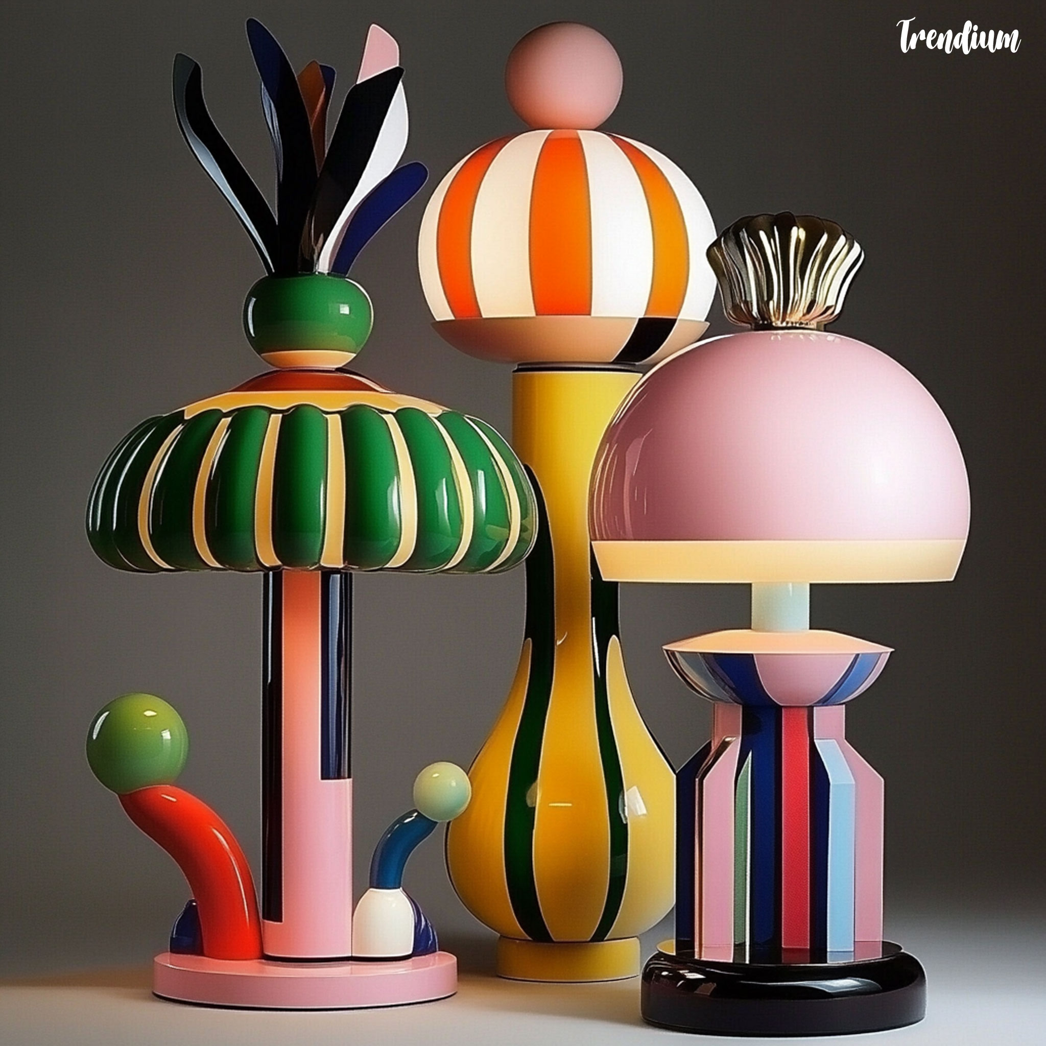 [prompt] Fantastical lamp design, Jaime Hayon style, bold colors, curved forms, whimsical elements, luxurious finish, studio lighting