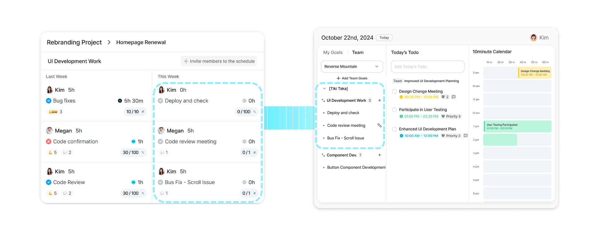 팀 페이지에서 설정한 기간별 목표 및 우선순위가 개인 페이지에 실시간 연동됩니다.