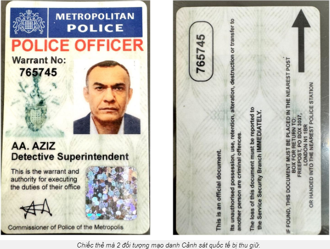 압류된 인터폴 사칭한 용의자 두 명의 (위조 영국 런던 인터폴 신분증) 카드