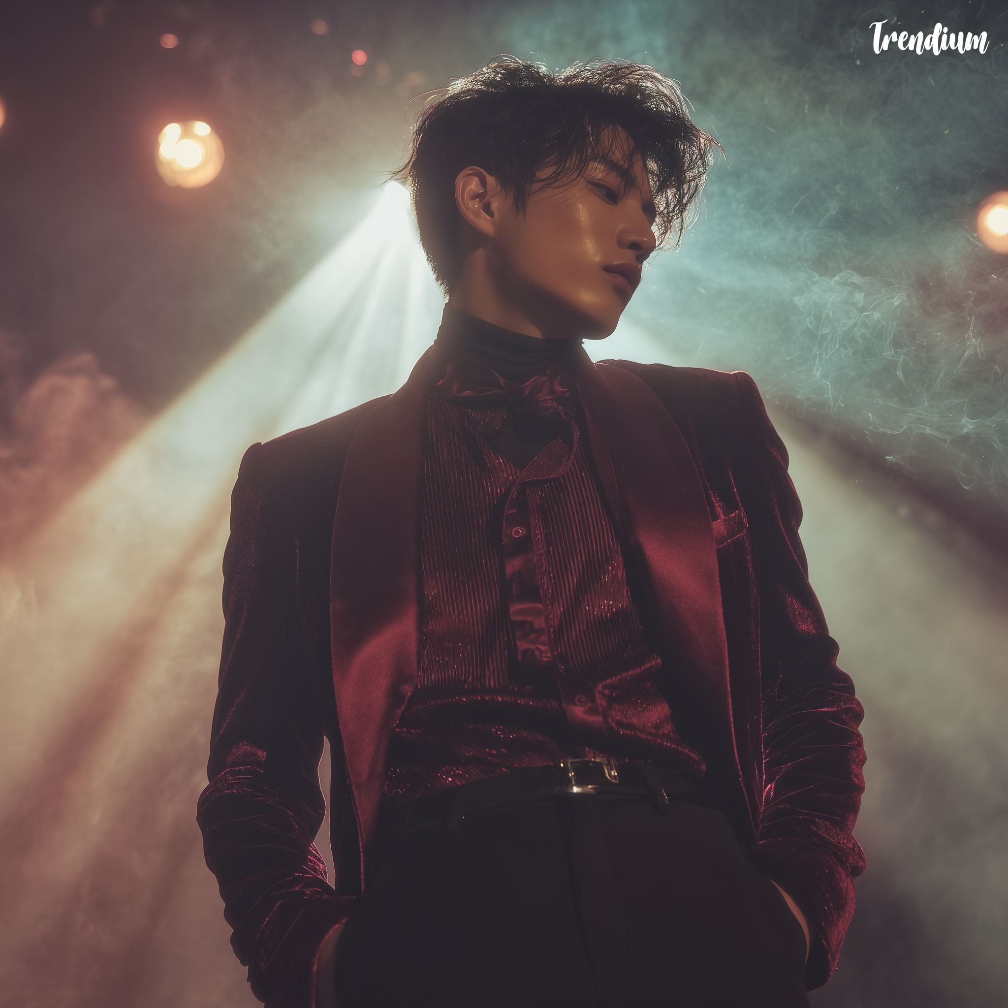 [prompt] Korean idol male model in a deep burgundy velvet Teddy Boy jacket with satin lapels and high-waisted slim pants, bold DA hairstyle with modern waves, standing under dramatic stage spotlights with smoke effects, charismatic gaze, dark idol glam look --v 7