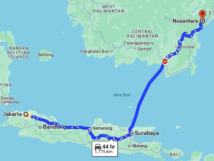 Google Maps, Jakarta to Nusantara by car