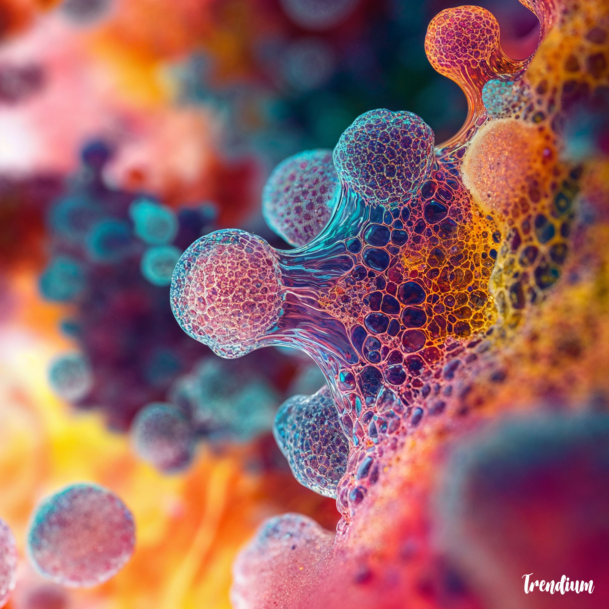 [prompt] Microscopic view of colorful biological blobs, cell-like structures, scientific illustration style with detailed textures