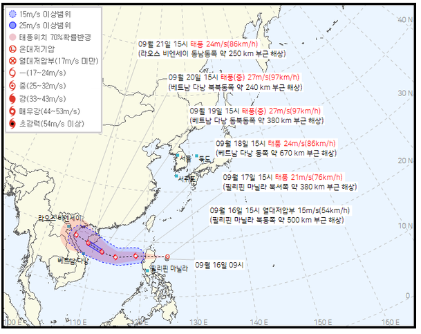 한국 기상청의 15호 태풍 예보