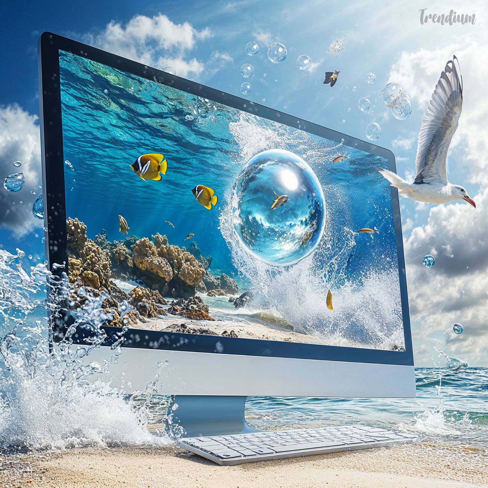 [prompt] A computer monitor displays a scene with tropical fish swimming around it, bubbles in the background, a blue sky with white clouds, a seagull flying overhead, blue sea waves splashing on the sand, a large bubble floating above the water, and a small tropical reef visible through the glass of the screen. The image is of high resolution, high detail, high quality, and high definition.