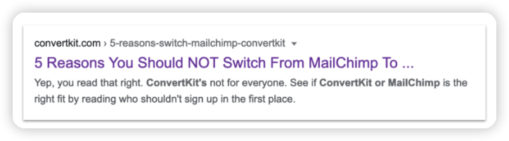 ConvertKit의 “vs.” 콘텐츠는 자사의 타겟 고객이 누구인지, 그리고 누구인지 아닌지를 매우 명확하게 보여줍니다.
