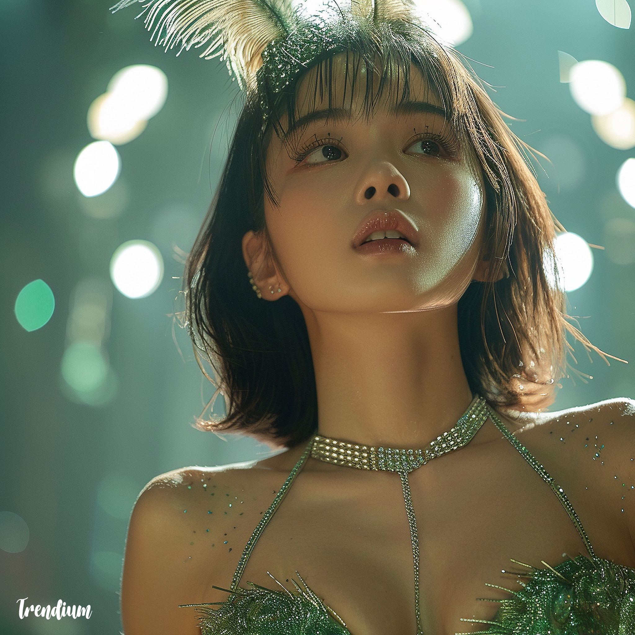 [prompt] K-pop stage outfit inspired by 1920s flapper style, glittering fringe mini dress, feathered headpiece, bold makeup, futuristic Art Deco backdrop, dramatic lighting --sref 2812762531 --v 6 --stylize 500