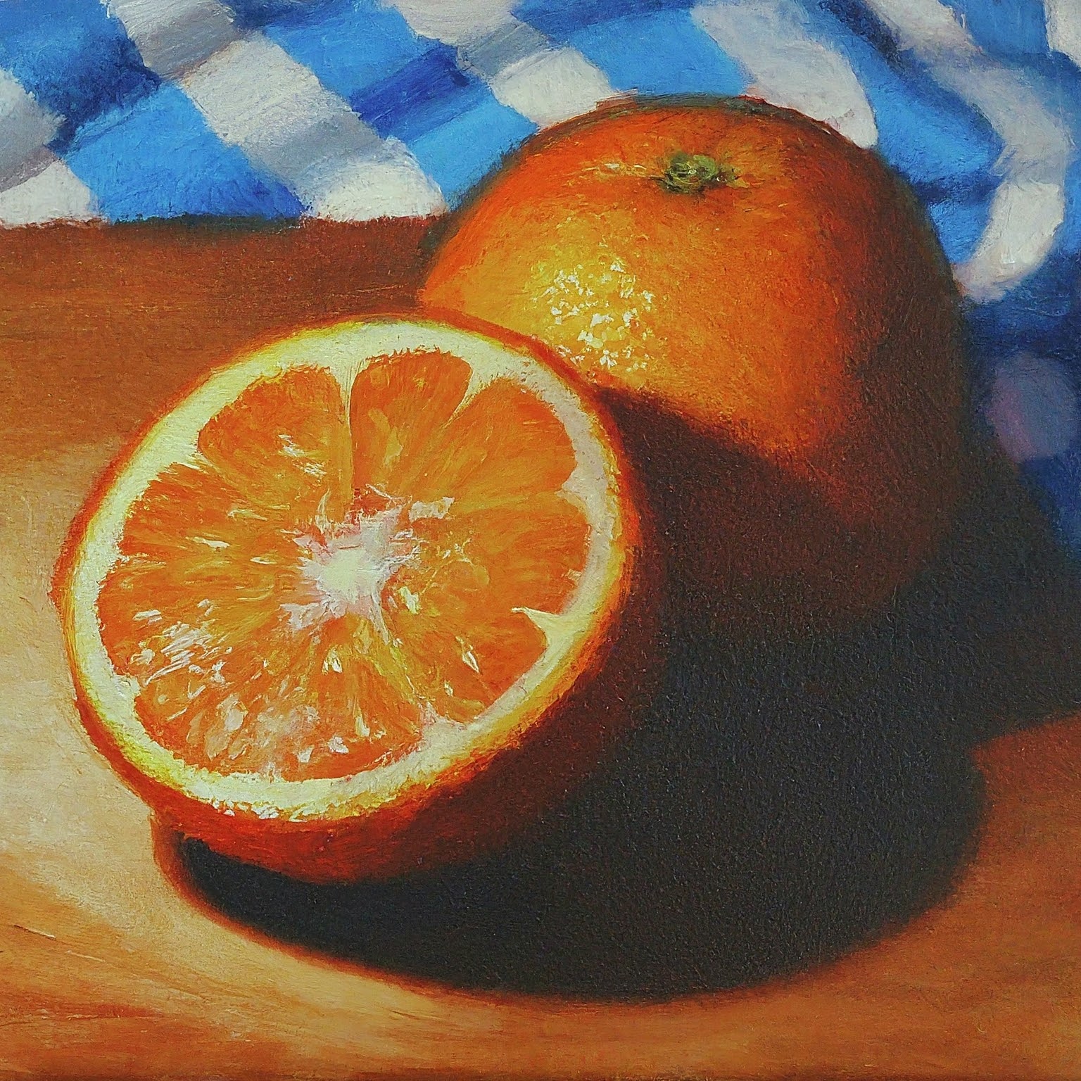 Small canvas oil painting of an orange on a chopping board, light is passing through orange segments, casting an orange light across part of the chopping board. There is a blue and white cloth in the background, caustics, bounce